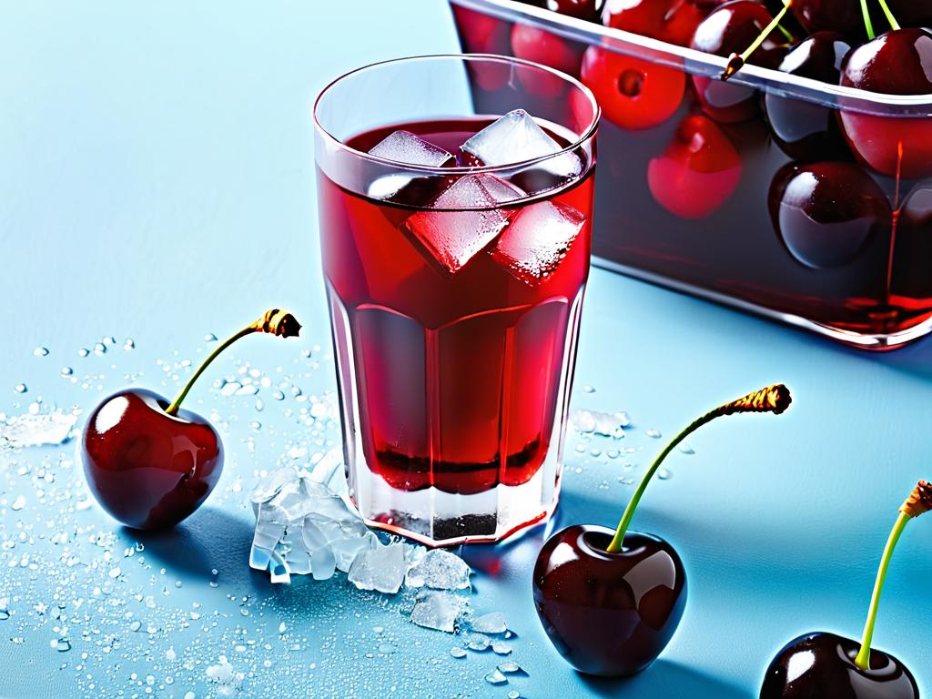 Стакан вишневого сока со льдом и вишнями