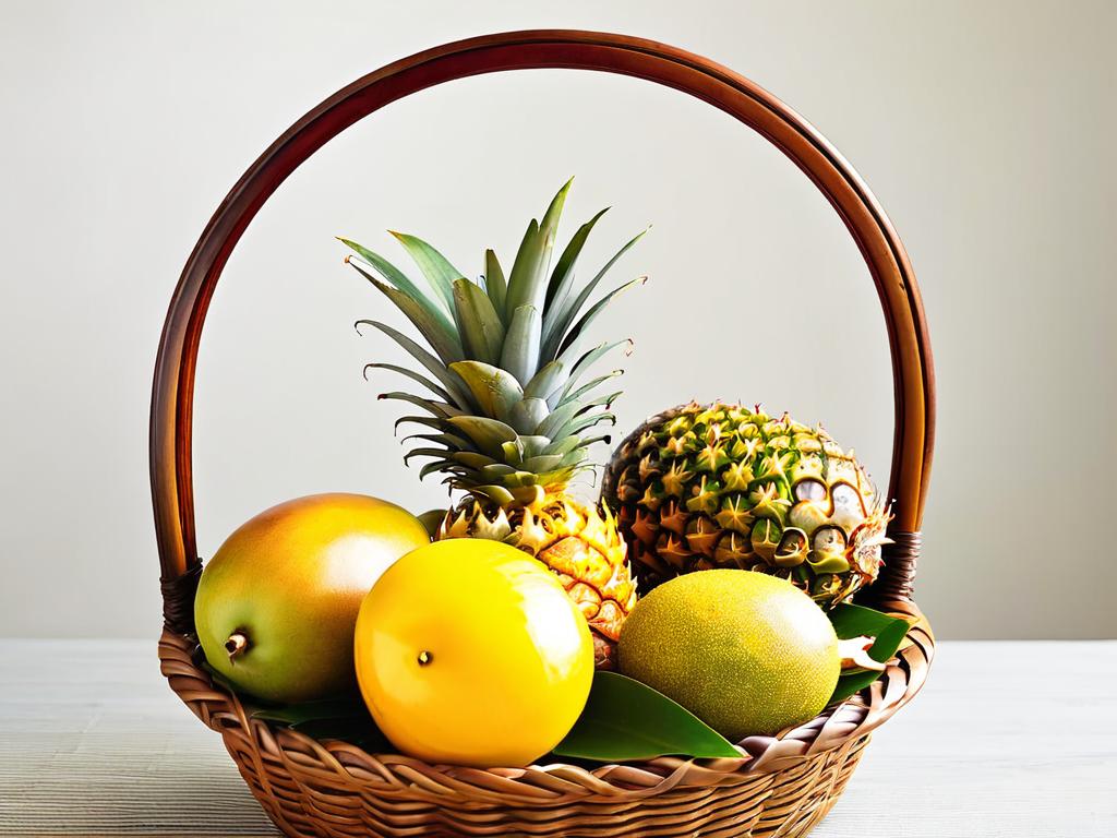 Тропические фрукты - манго, маракуйя и ананас в плетеной корзинке