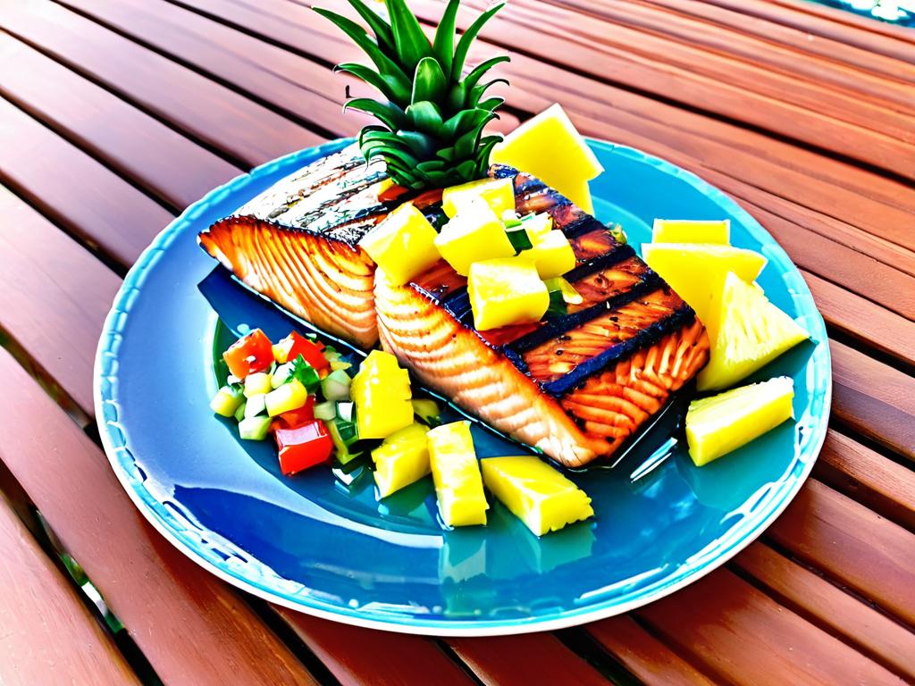 Запеченный стейк лосося с ананасовой сальсой на тарелке