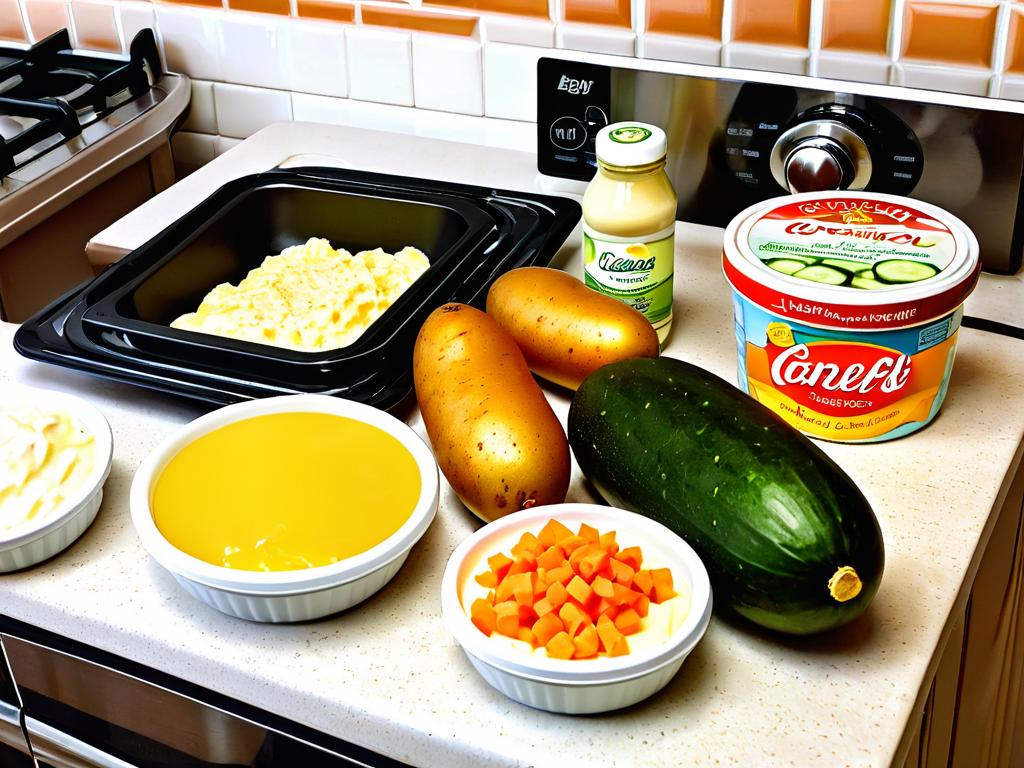 Ингредиенты для салата выложены на столе: картофель, огурцы, морковь, печень трески, яйца, майонез,