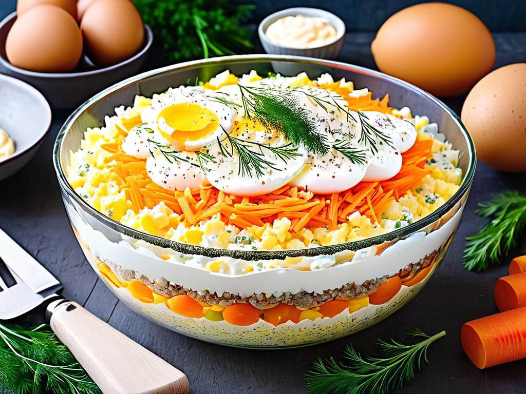 Салат выложен слоями из тертых ингредиентов в стеклянном блюде. Сверху украшен яйцами, зеленью и