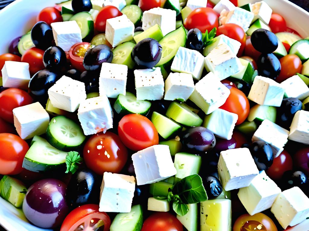 Греческий салат с кубиками сыра фета, помидорами, огурцами, оливками и луком