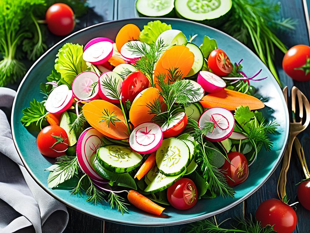 Красочный овощной салат с морковью, редисом, огурцами, помидорами, салатом и укропом
