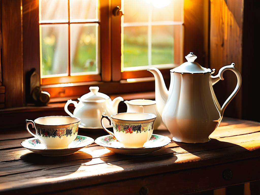 Старинный чайный сервиз с молочником на деревянном столе. Солнечный свет из окна