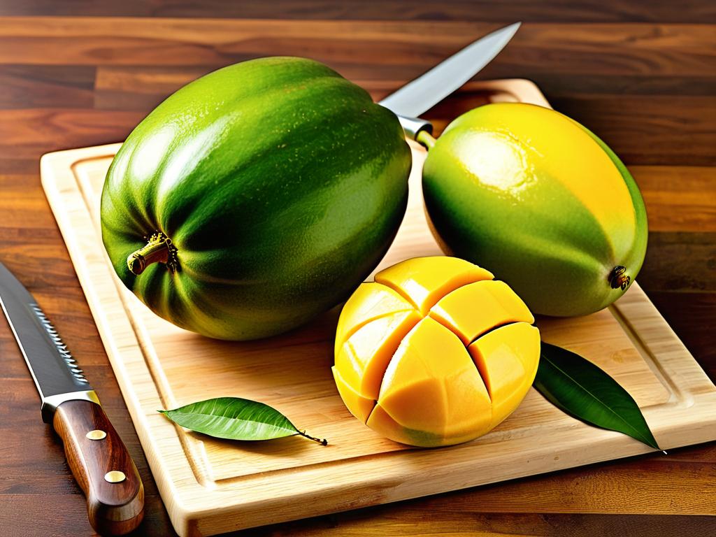 Спелое желтое манго и зеленая маракуйя на разделочной доске с ножом, ингредиенты для лимонада Манго
