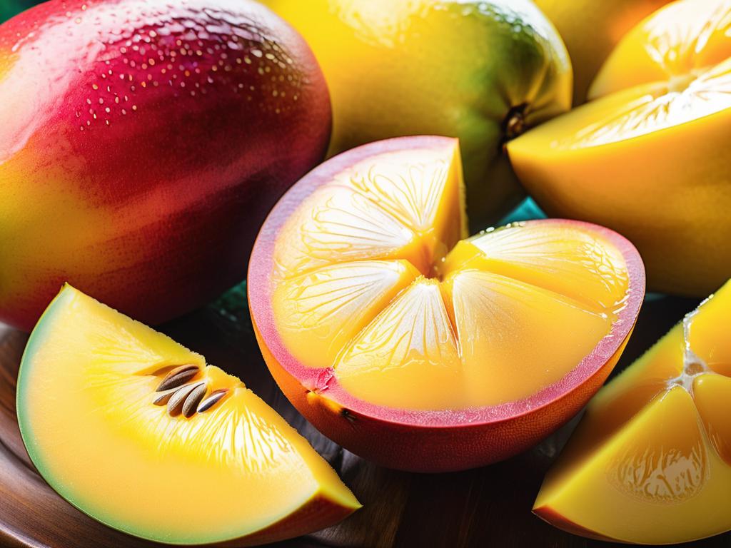 Крупный план сочного ломтика желтого манго с маракуйей и лимоном, ингредиенты для лимонада Манго