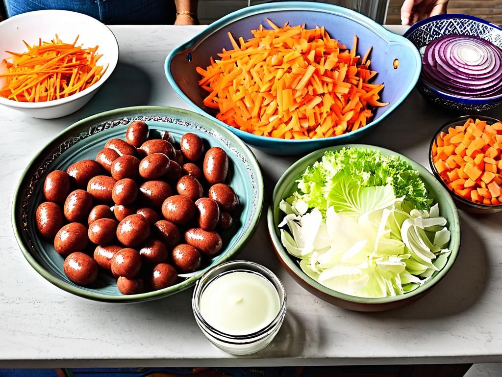 Стол с ингредиентами для салата - копченая колбаса, капуста, морковь, лук.