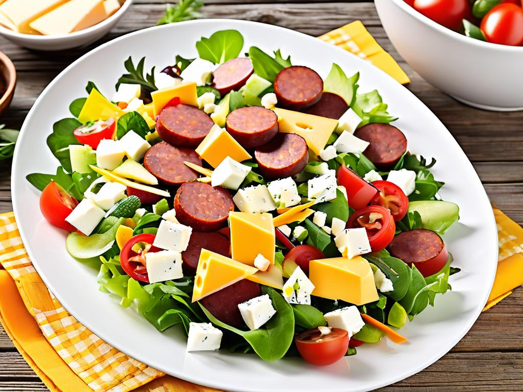 Салат с копченой колбасой, сыром и разнообразными овощами в белой тарелке на деревянном столе.