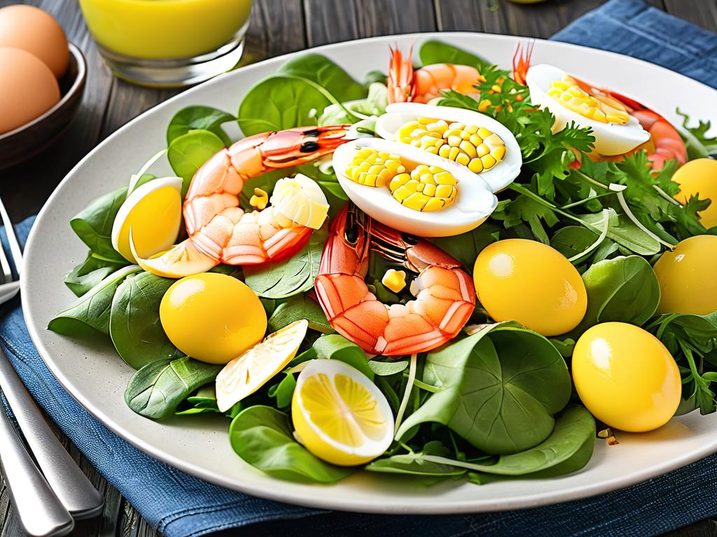 Основные ингредиенты для салата с креветками, кукурузой и яйцом