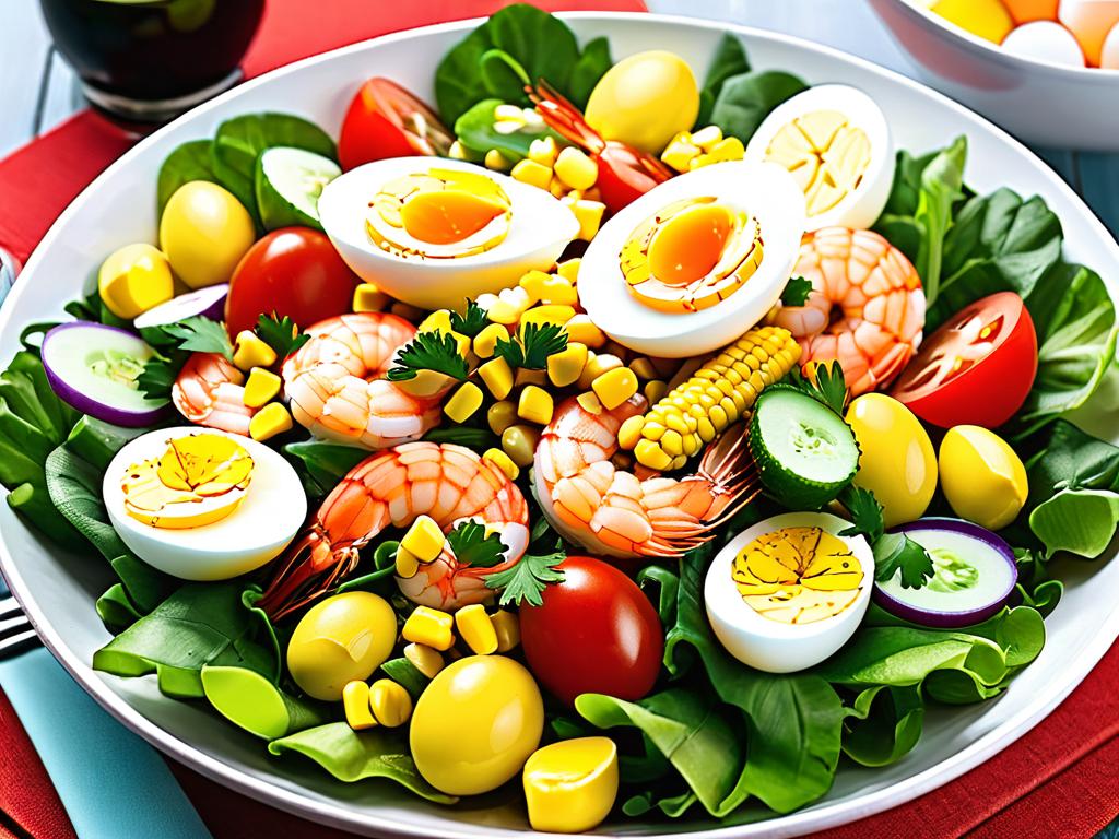 Салат имеет сбалансированный вкус со сладкой кукурузой, нежным мясом креветок и отварными яйцами