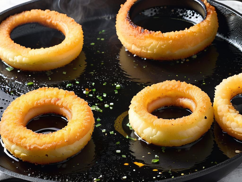 Луковые кольца жарятся в горячем масле на чугунной сковороде
