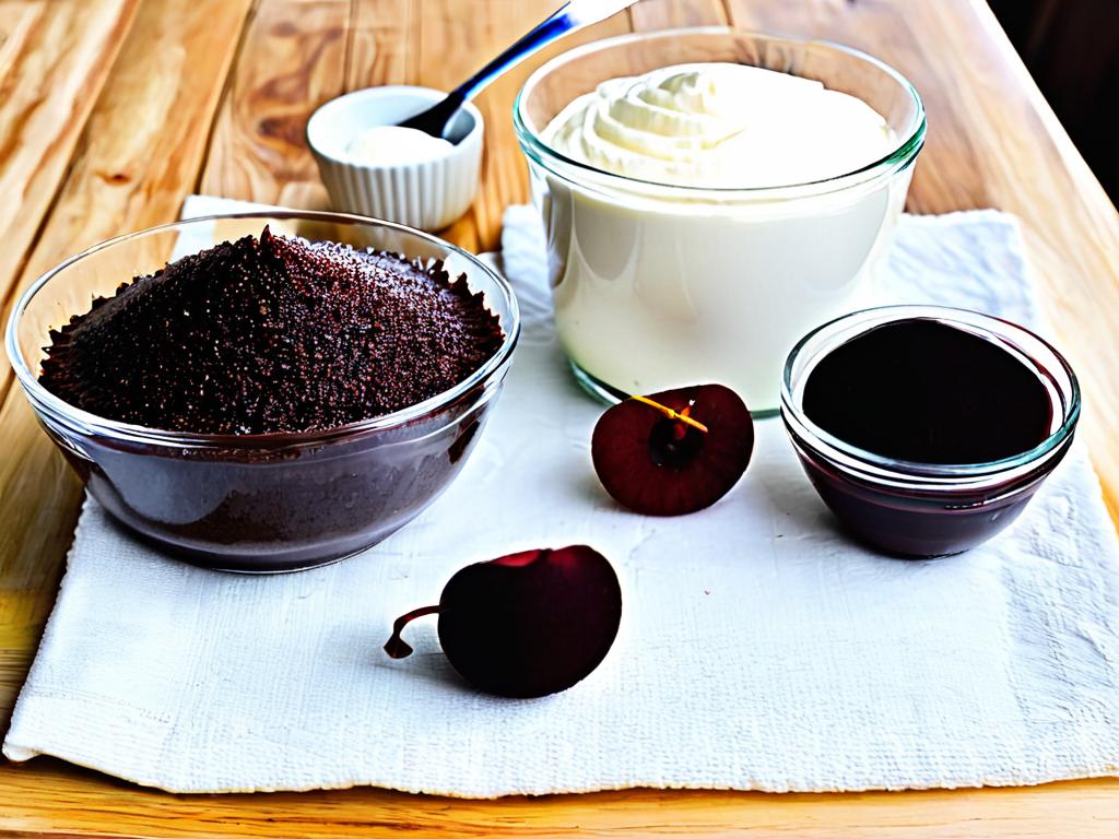Ингредиенты, необходимые для приготовления шоколадного торта с вишней и крем-чизом на деревянном