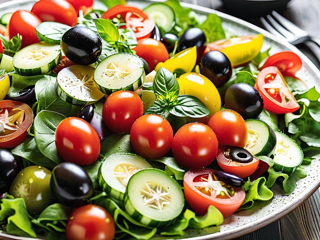 Крупный план итальянского салата с помидорами, огурцами, болгарским перцем, маслинами и листьями
