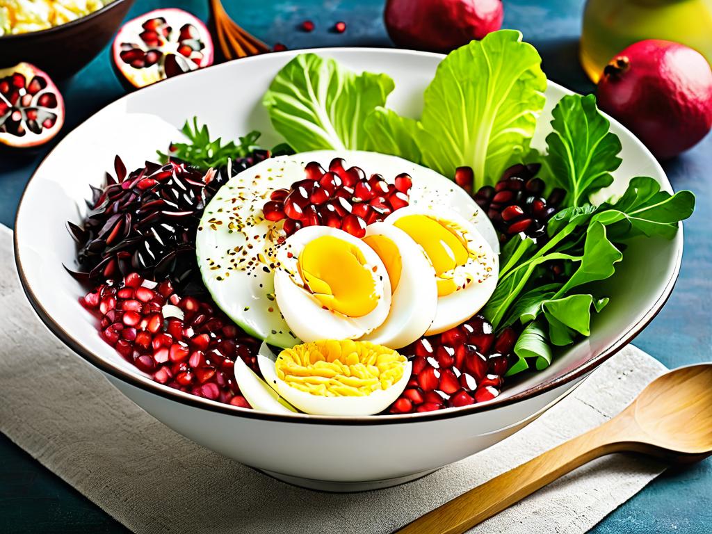 Тарелка с салатом из пекинской капусты, граната, курицы и яиц