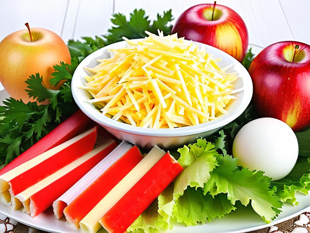 Основные ингредиенты для салата Нежность - это крабовые палочки, яйца, яблоки, лук и сыр