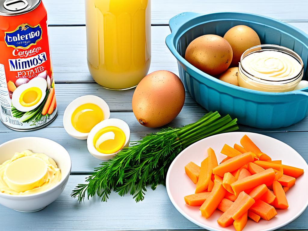 На фото представлены ингредиенты для салата «Мимоза» - яйца, картофель, консервированная горбуша,