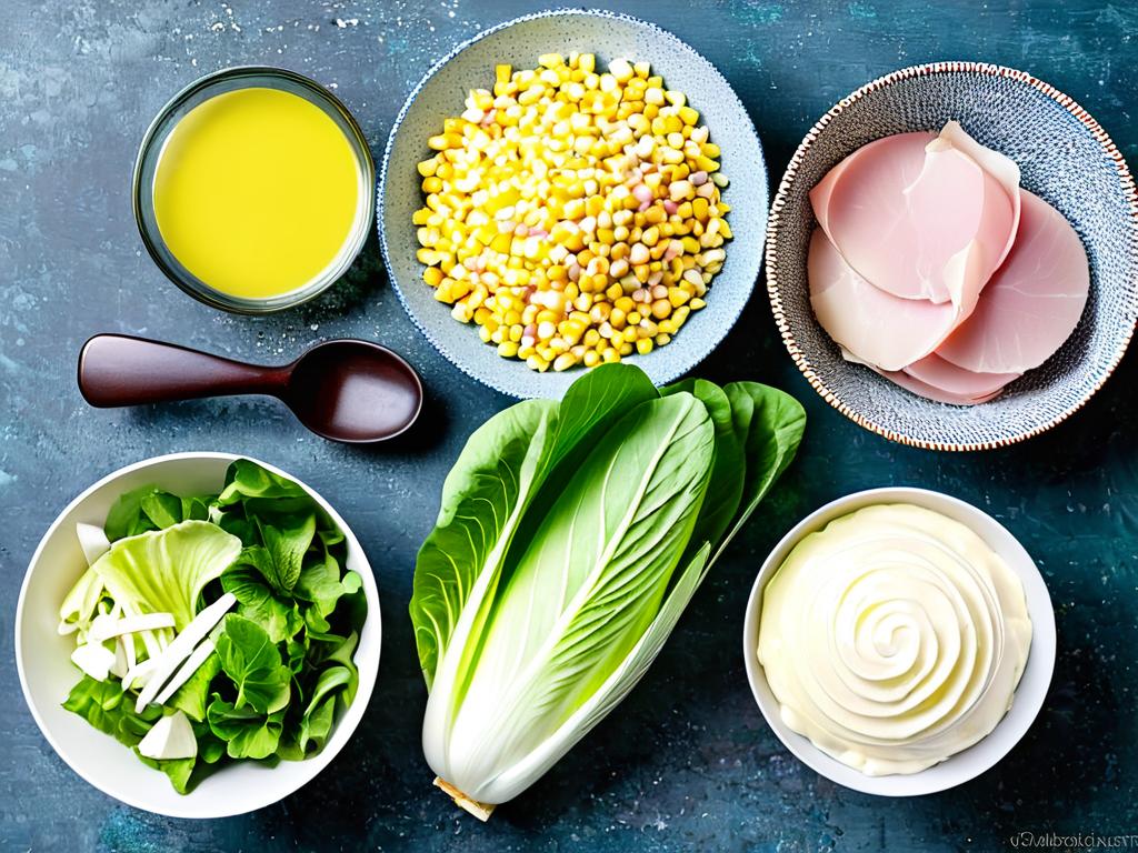 Ингредиенты, необходимые для приготовления салата: капуста, ветчина, кукуруза, майонез и лук