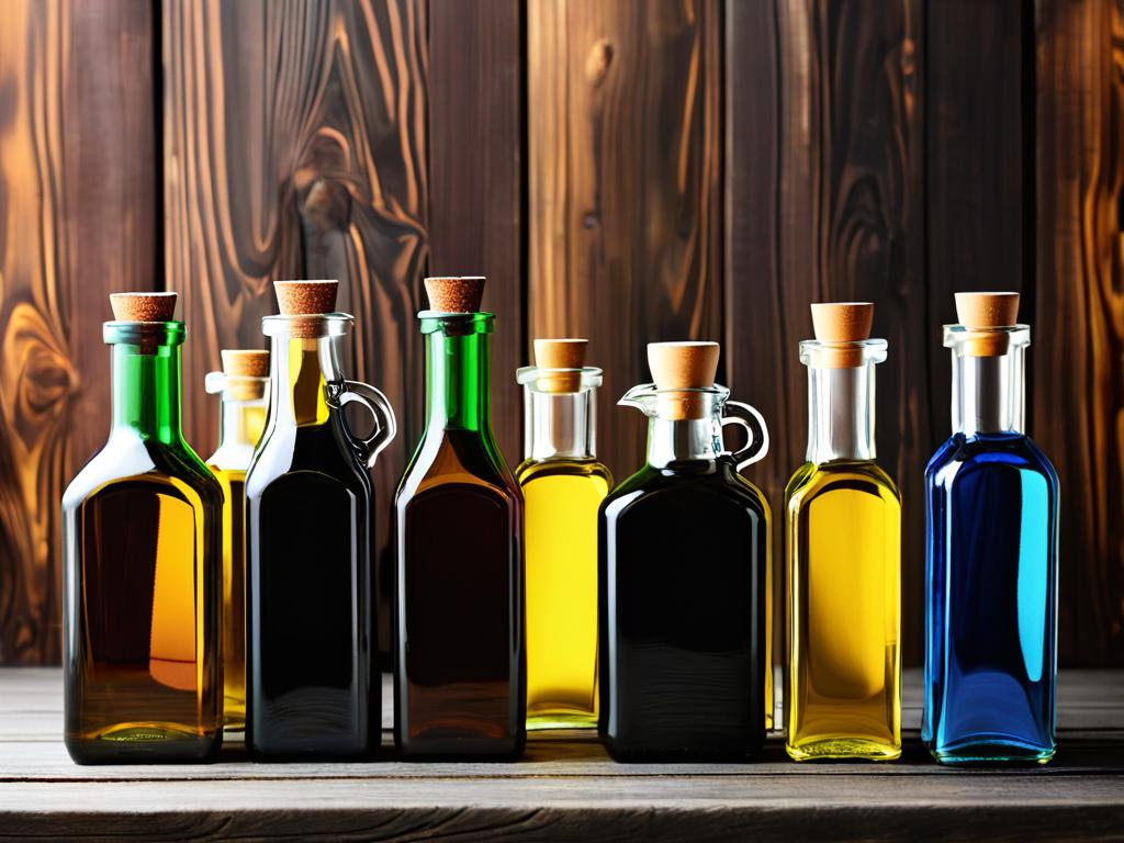 Разнообразные растительные масла в стеклянных бутылках на деревянном фоне