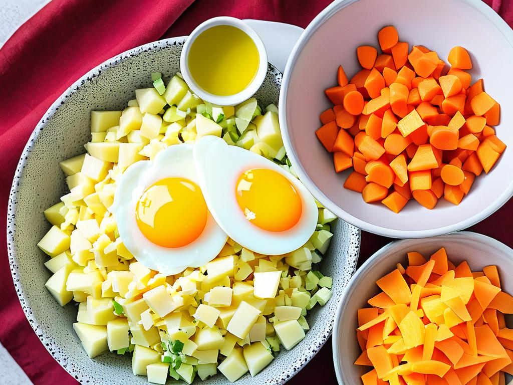 Смешиваем ингредиенты для салата из картошки, моркови и яиц в миске