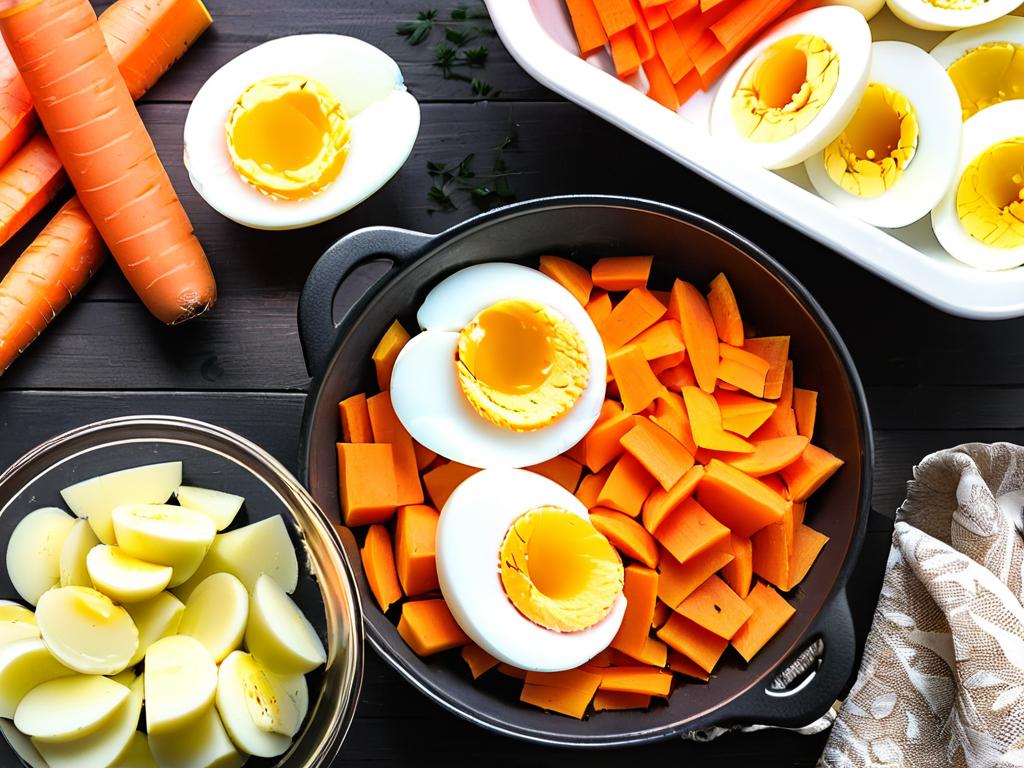 Крупный план нарезанной вареной картошки, моркови и яиц для приготовления салата