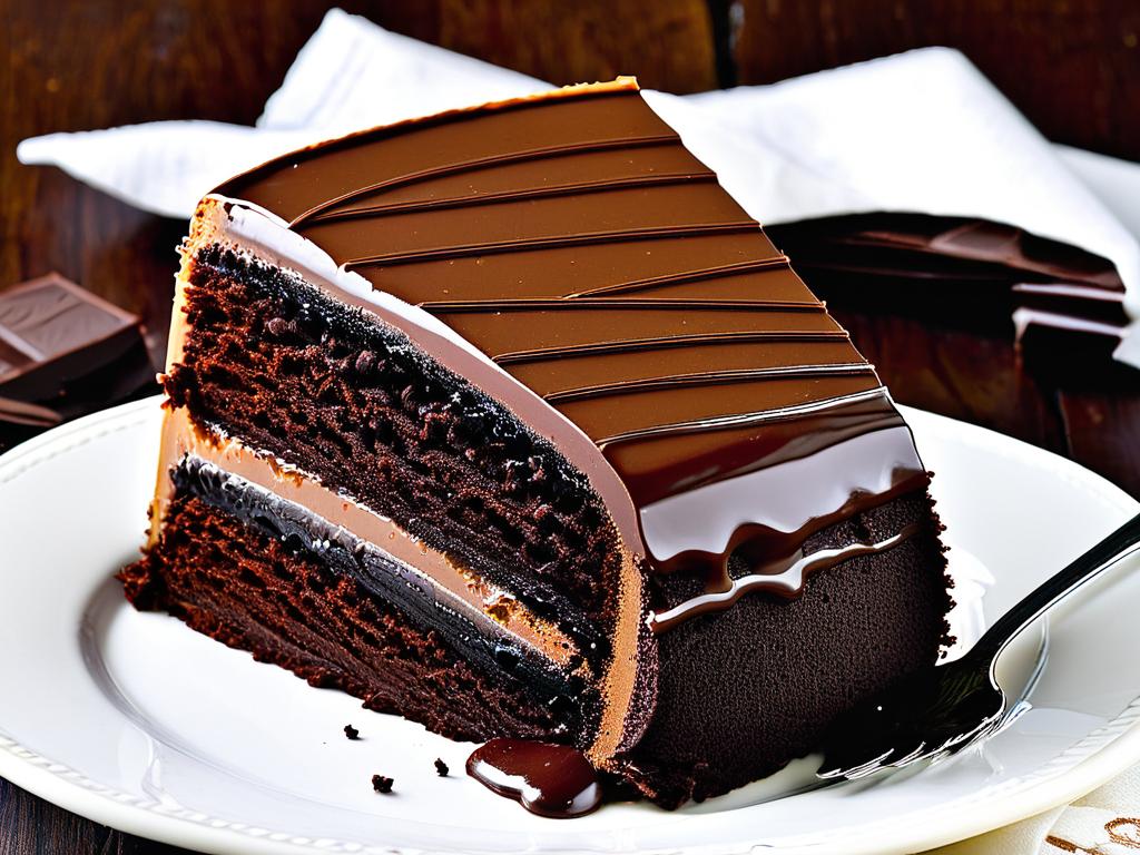 Кусок торта с богатым шоколадным кремом