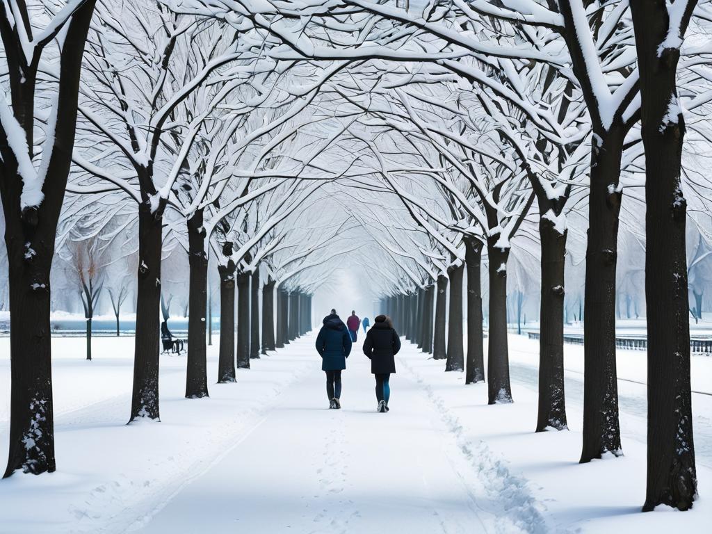 Зимний пейзаж с заснеженными деревьями в городском парке. Люди идут по снежным дорожкам между