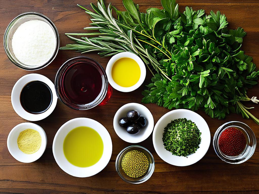 Ингредиенты для заправки салата - масло, уксус, горчица, травы