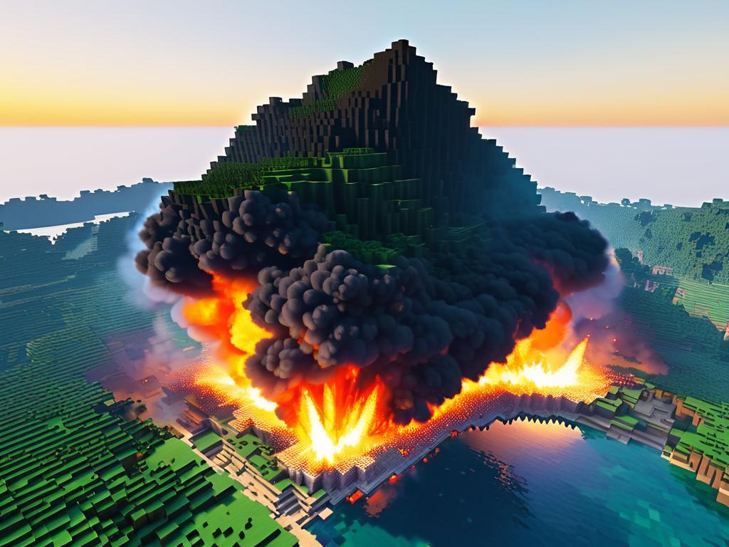 Пламенные частицы и ударные волны на снимке после огромного взрыва ТНТ в Майнкрафт с использованием
