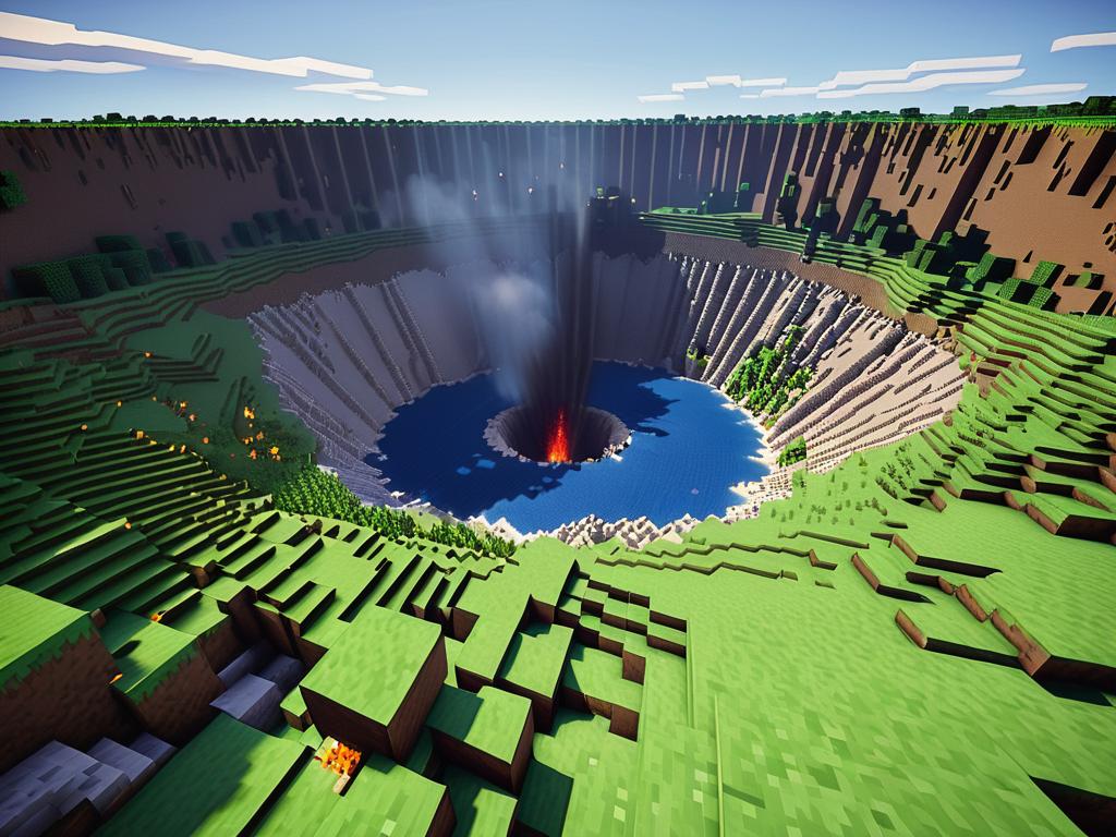 Огромный кратер, созданный взрывом ТНТ в Майнкрафт, демонстрирующий глубину и разрушения
