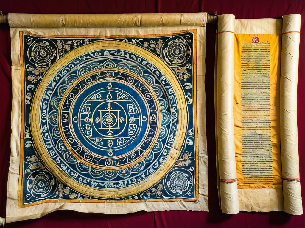 Свиток с изображением мандал и тибетскими надписями