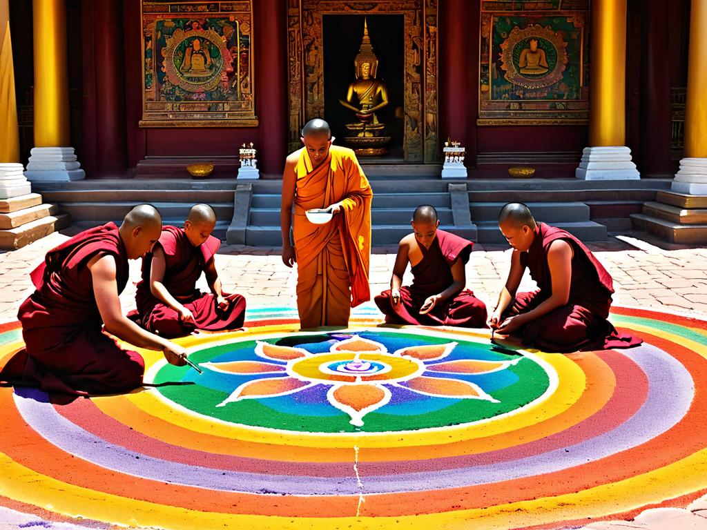 Монахи создают песчаную мандалу в храме по древнему ритуалу