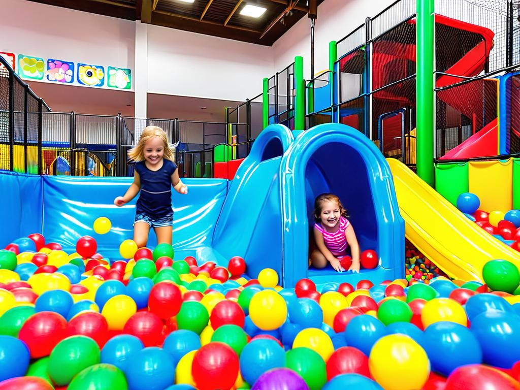Дети играют в бассейне с шариками и на горках в помещении детского развлекательного центра