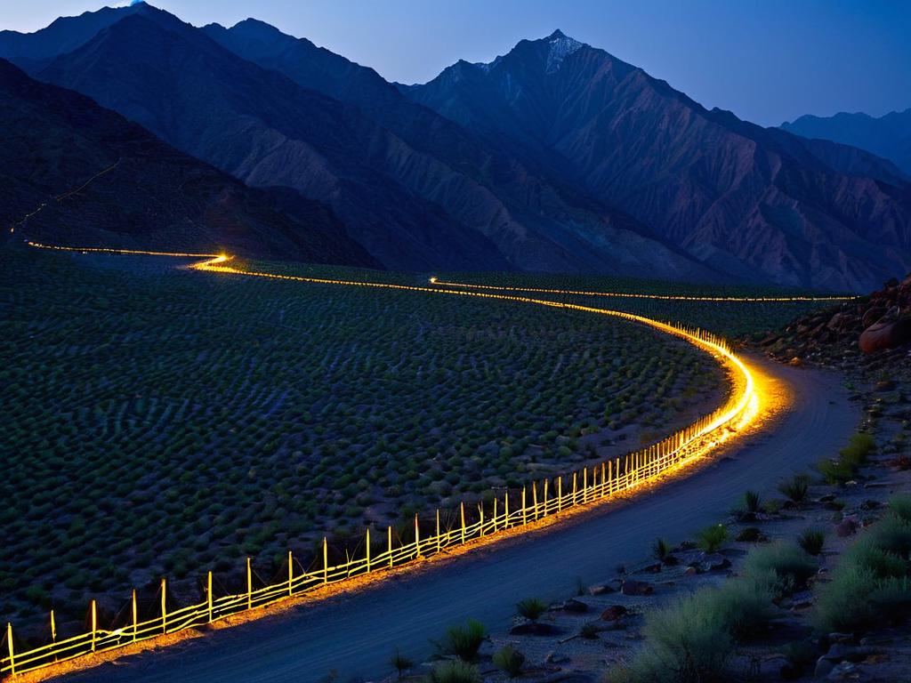 Заграждение на границе Индии и Пакистана извивается через пустыни и горы. Ночью его освещают