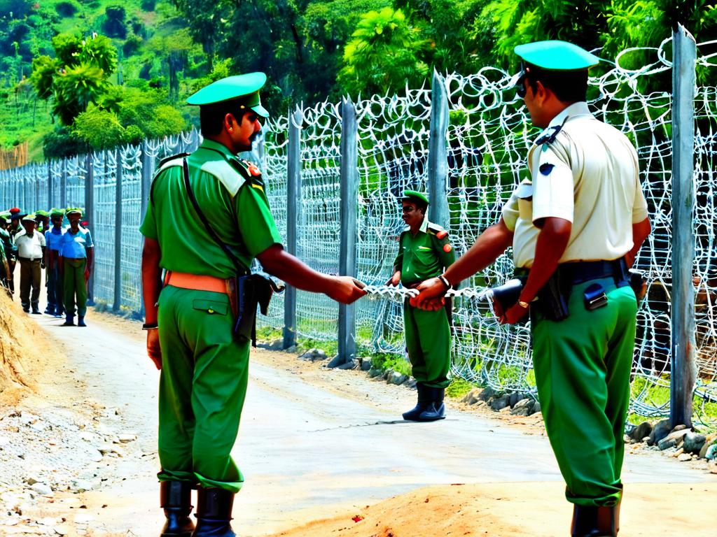 Пограничники Индии и Бангладеш встречаются на пограничном КПП. Колючая проволока обозначает границу