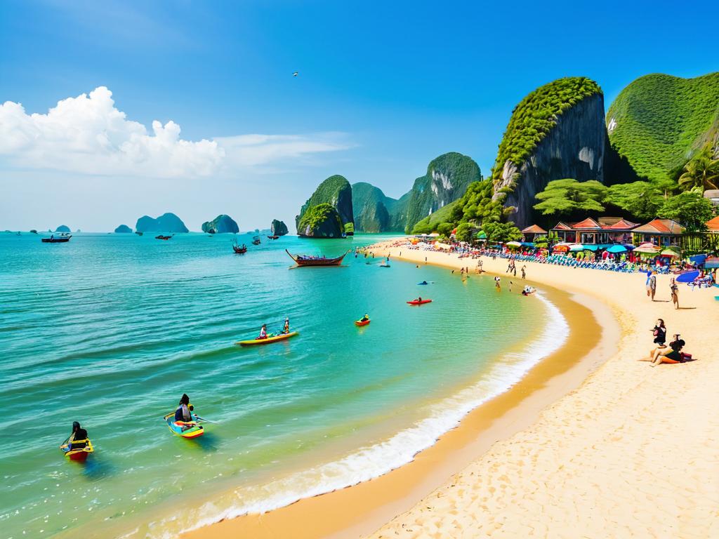 Солнечный пляж Вьетнама с туристами, веселящимися