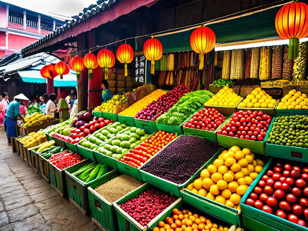 Красочный азиатский рынок с фруктами, овощами и специями