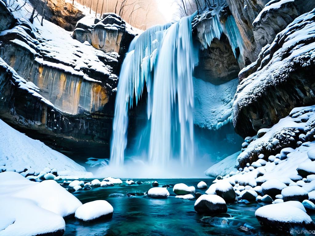 Замерзший водопад зимой в лесу ущелья Руфабго в Адыгее
