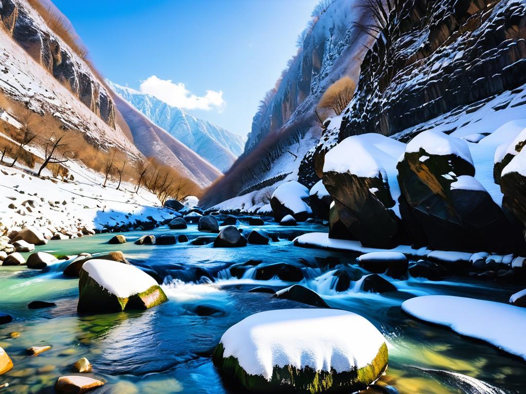 Покрытые снегом скалы и река в живописной Хаджохской теснине Адыгеи