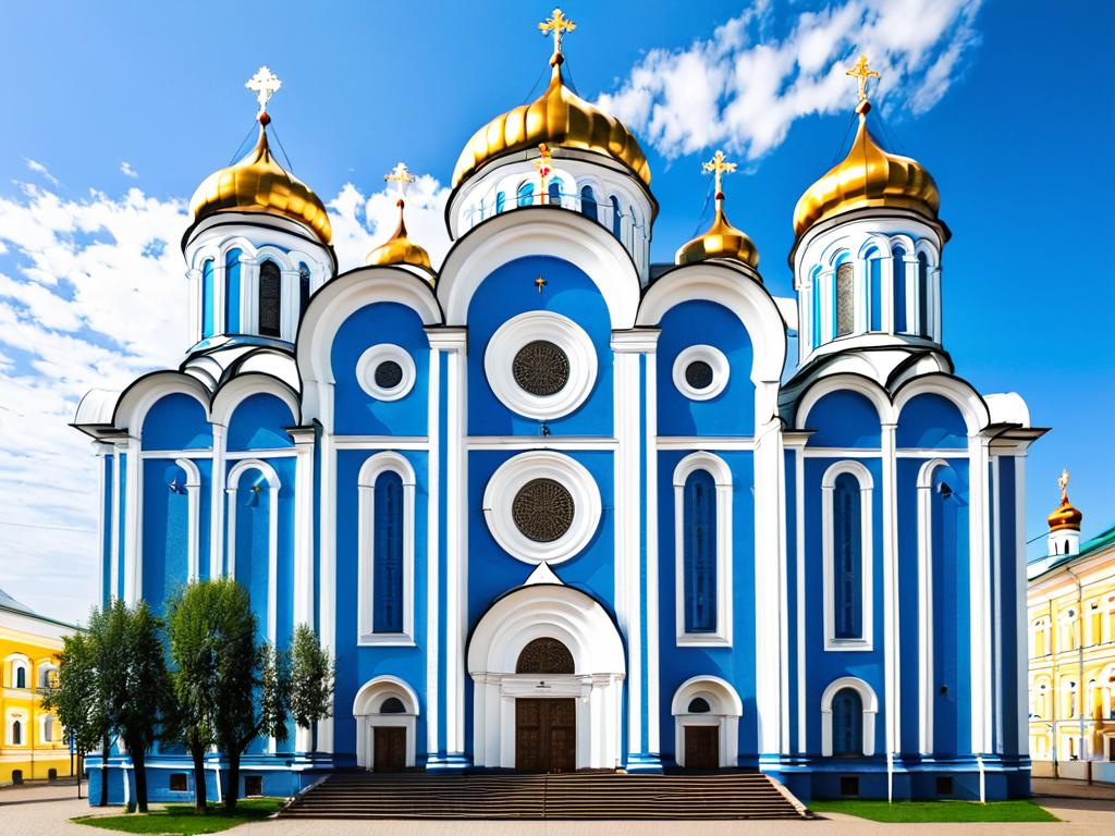Фасад Успенского собора в Омске с сине-белыми вертикальными полосами