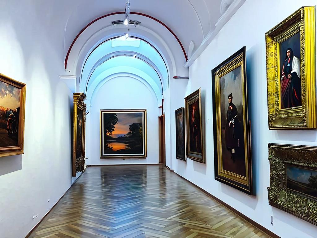 Внутренний вид художественной галереи в Омске с множеством картин на стенах