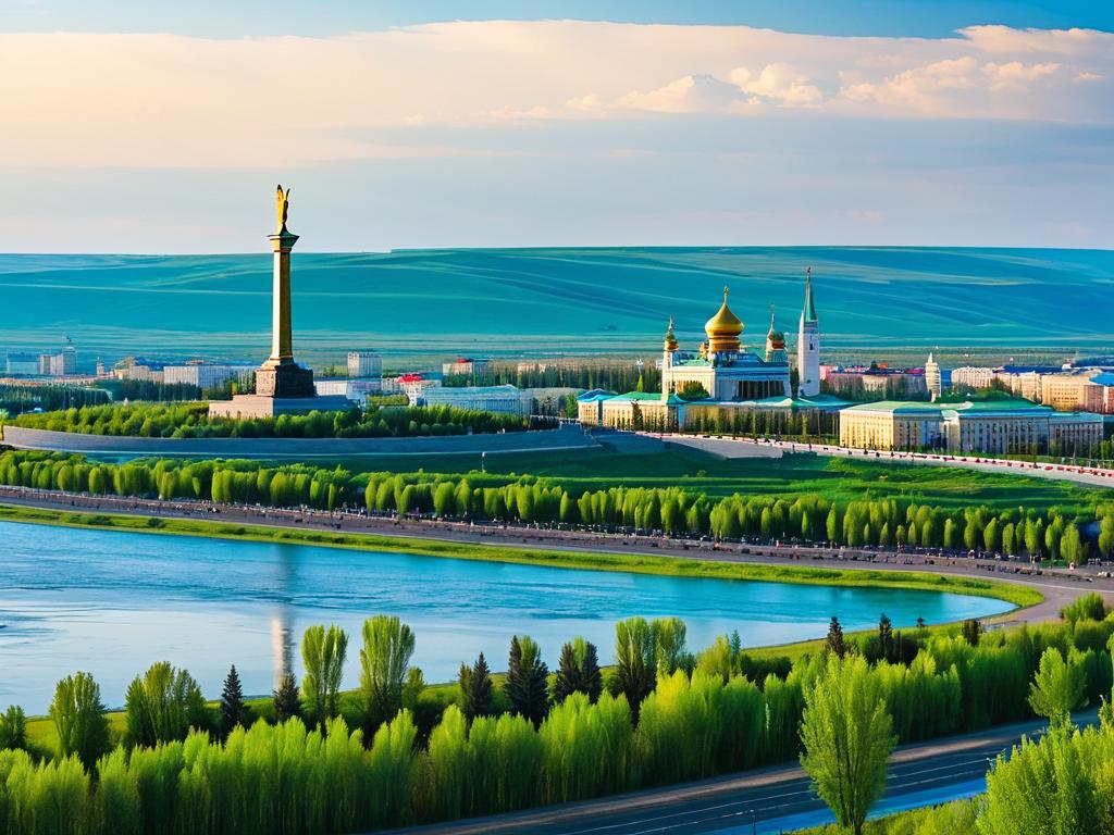 Панорамный вид на Уфу с памятником Салавату Юлаеву на переднем плане около реки Белой