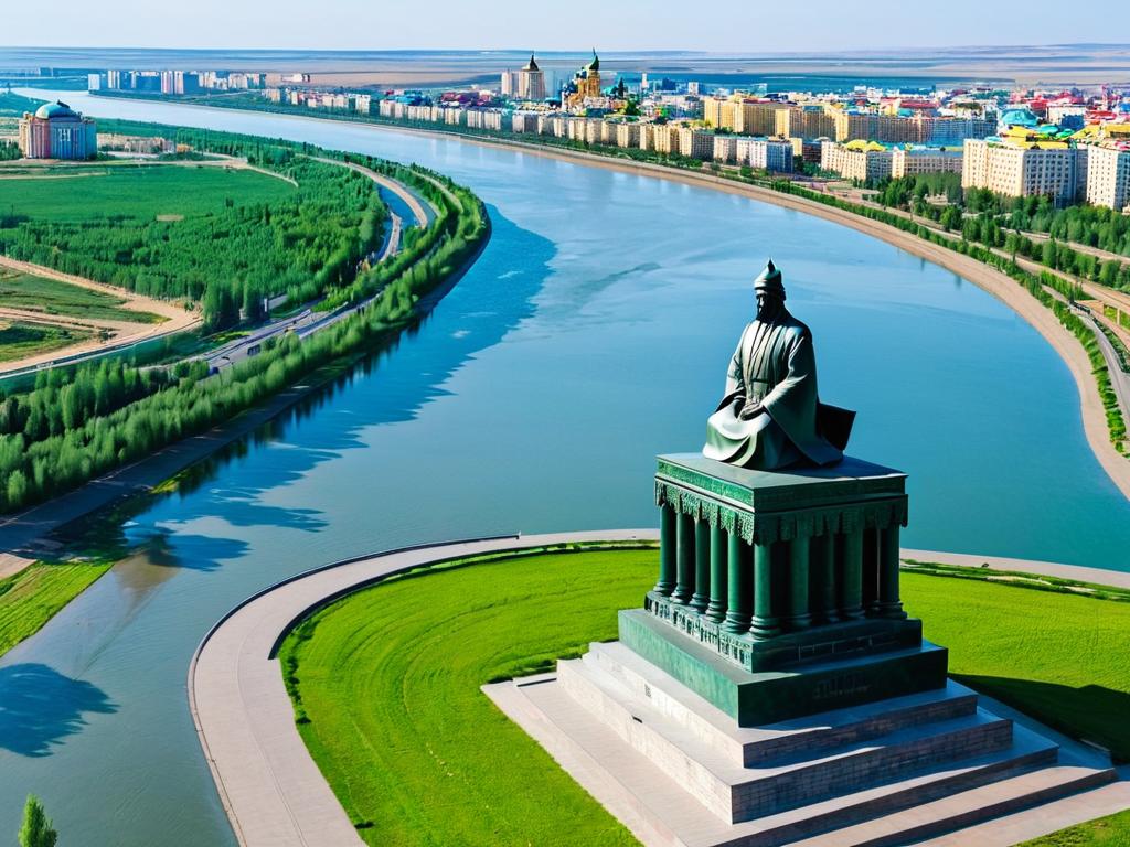 Памятник Салавату Юлаеву на набережной с видом на Уфу