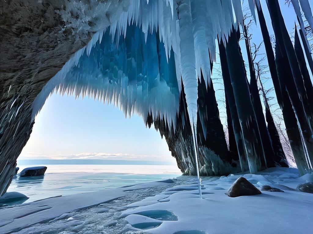 Пещера со льдом и сосульками на Байкале