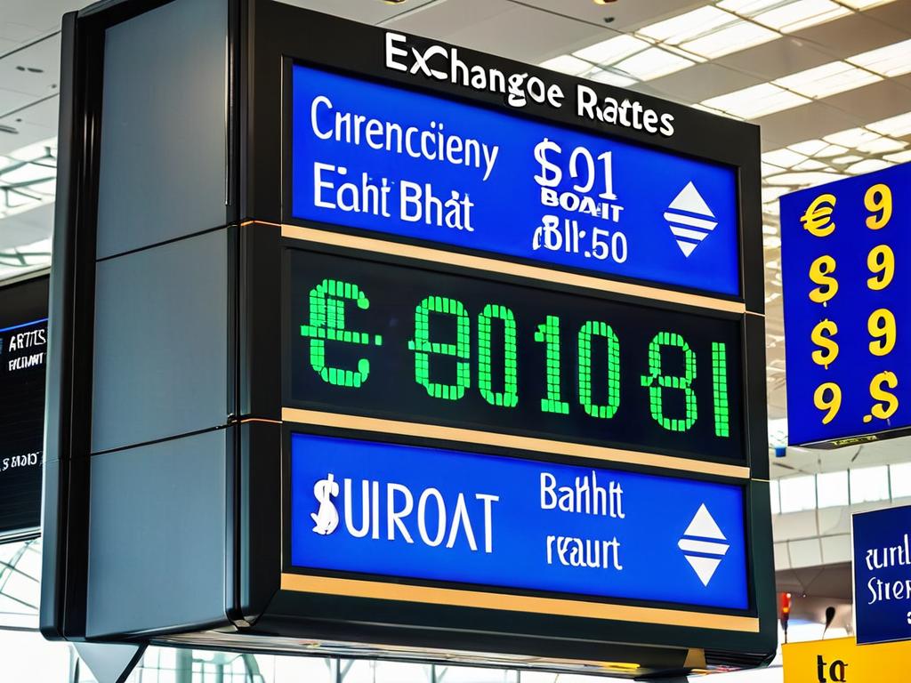 Табло с курсами валют с символами долларов, евро и батов в аэропорту