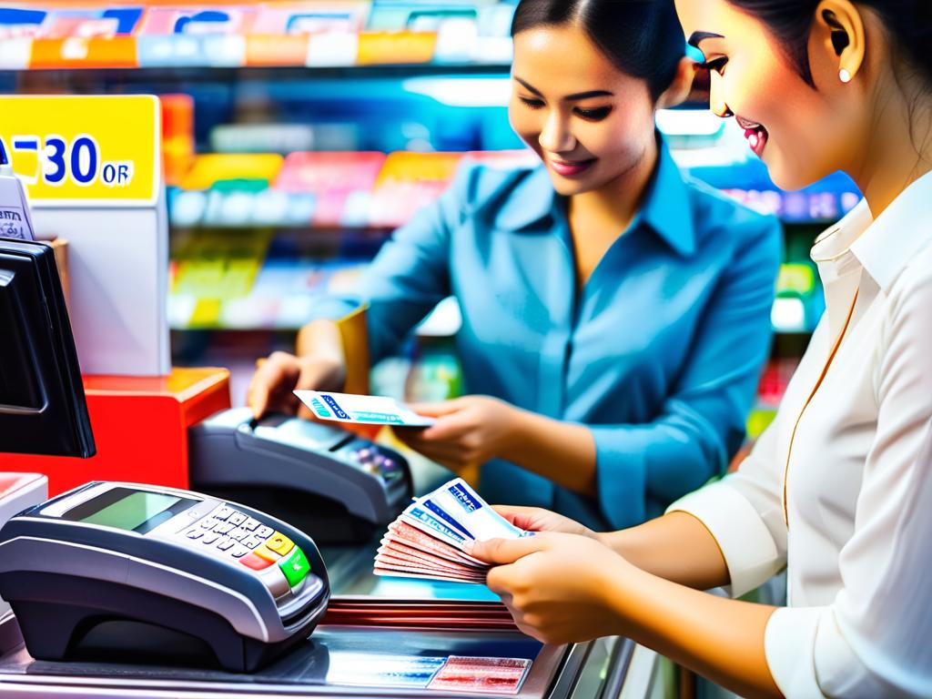Женщина оплачивает покупку кредитной картой в магазине, а мужчина считает тайские банкноты