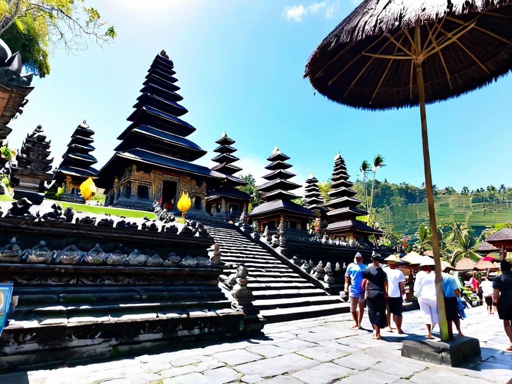 Посетители храма в солнечный день на Бали