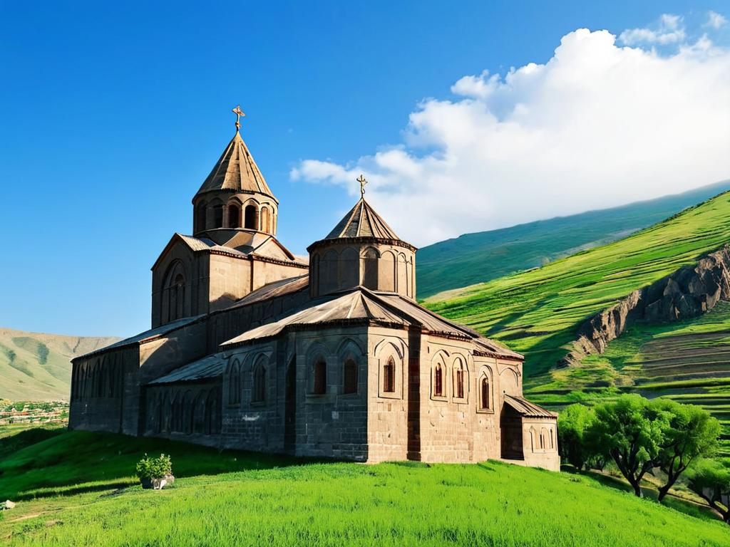 Средневековый монастырь на холме в Армении
