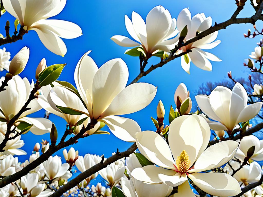 Цветущее дерево магнолия с крупными белыми цветами в весеннем парке