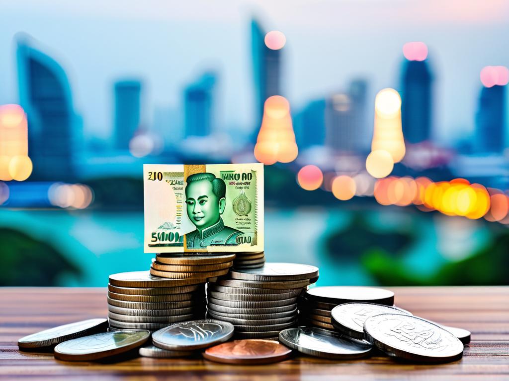 Стопка тайских банкнот и монет на столе на фоне размытого города.