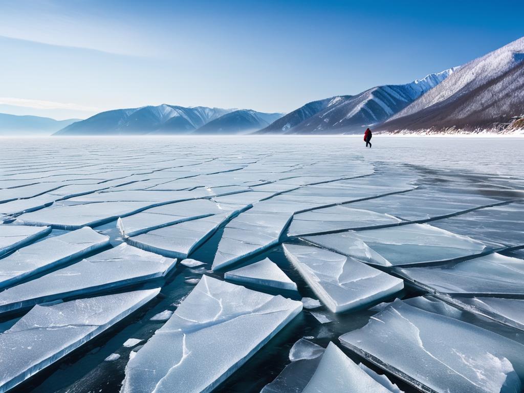 Человек идет по льду Байкала